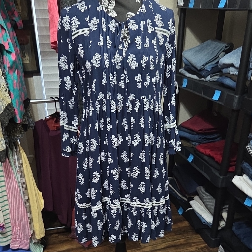 Danny & Nicole Dark Blue Floral Long Sleeve Dress